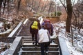 Korean backpackers climbing up the the Namsan Mountain in winter in south central Seoul, South Korea
