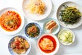 korean banchan side dishes assortment with kimchi as centerpiece