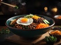 Korean bibimbap, floating, popular rice bowl dish made with cooked rice, vegetables, meat, fried egg