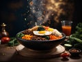 Korean bibimbap, floating, popular rice bowl dish made with cooked rice, vegetables, meat, fried egg