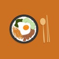 Korean Bibimbap Rice Bowl - Colorful Korean Bibimbap Rice Bowl with Vegetables and Beef Vector Illustration