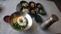 Korean Bibimbap topped with fried egg