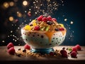 Korean bingsu, floating, shaved ice dessert with sweet toppings, hopped fruit. Dessert, Cinematic ads