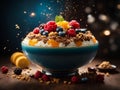 Korean bingsu, floating, shaved ice dessert with sweet toppings, hopped fruit. Dessert, Cinematic ads