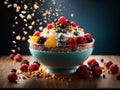 Korean bingsu, floating, shaved ice dessert with sweet toppings, hopped fruit. Dessert, Cinematic ads