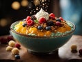 Korean bingsu, floating, shaved ice dessert with sweet toppings, hopped fruit. Dessert, Cinematic ads