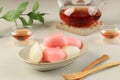 Korean Chuseok Thanksgiving Day Rice Cake. Served with Tea. Concept Korean Mid Autumn Festival Snack