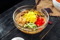 Korean cold soup kuksi with vegetables and beef Royalty Free Stock Photo