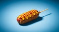 Korean corn dog with ketchup and mustard on a light blue background Royalty Free Stock Photo