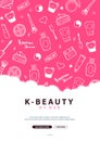 Korean cosmetics. K-Beauty banner with hand draw doodle background. Skincare and Makeup. Translation - Korean Cosmetics