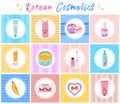 Korean cosmetics skin care and beauty banner with cosmetic accessories in a white round frames