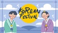 Korean Couple Greeting on Festival Banner Doodle Illustration