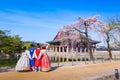 Korean couple with Korean traditional dress Hanbok in Gyeongbokgung palace in spring, seoul, south korea Royalty Free Stock Photo