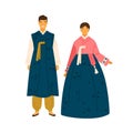 Korean couple wearing traditional costumes. Female character in decorated national dress hanbok. Man from Korea in folk