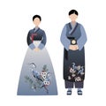 Hanbok. Korean couple wearing traditional costumes. Flat vector cartoon illustration isolated on white background