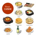 Korean cuisine traditional dishes flat icons.