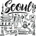 Korean cultural symbols. Set. Beautiful attractions of Seoul lettering text. Travel Korea concept. Seoul calligraphy