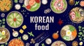 Korean dinner background. Closeup traditional asian meal, top view barbecue food. Buffet korea dish, oriental cuisine Royalty Free Stock Photo