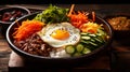 The Korean dish Bibimbap is rice with vegetables and meat.