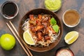 Korean dish glass noodles and meat in a sauce. Asian food. Top view.Stir-fried Royalty Free Stock Photo