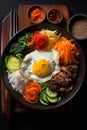 Korean dish in one plate, different ingredients and an egg. Generative AI,