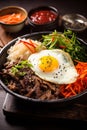 Korean dish in one plate, different ingredients and an egg. Generative AI,