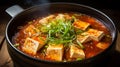 The Korean dish Sundubu jjigae is a thick tofu soup with seafood or meat.