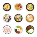 Korean dishes top view. Chinese traditional food, soup and dumpling. Asian meal with rice and vegetables, fried chicken Royalty Free Stock Photo