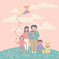 Korean family walking in park. Happy Asian mother, father, children.