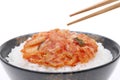Korean food, cooked white rice with kimchi Royalty Free Stock Photo