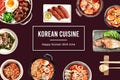 Korean food frame design with ramyeon, soup watercolor illustration