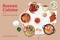 Korean food frame design with ramyeon, spicy chicken watercolor illustration