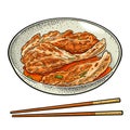Korean food kimchi on plate with chopsticks. Vintage color vector engraving