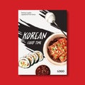 Korean food poster design with Kimbap, sauce, spoon watercolor illustration