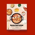 Korean food poster design with rice, pot, noodles watercolor illustration