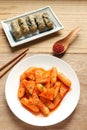 Korean food, Rice cake stick in a spicy gochujang sauce and fish cakes. Royalty Free Stock Photo