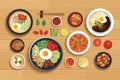 Korean food set on top view wooden table background