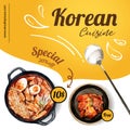 Korean food social media design with ramyeon, kimchi watercolor illustration