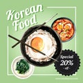 Korean food social media design with rice, fried egg, tokpokki watercolor illustration