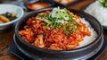 korean food, stir fried kimchi with pork and rice kimchee, Homemade Korean food. AI Generative Royalty Free Stock Photo