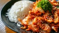 korean food, stir fried kimchi with pork and rice kimchee, Homemade Korean food. AI Generative Royalty Free Stock Photo