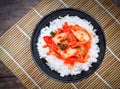 Korean food, top view kimchi with a rice in bowl tasty yummy and spicy on wood table background for healthy.