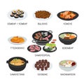 Korean Food vector set. Famous dishes in Korea flat vector illustration clipart cartoon. Kimchi, Sundae, Tteokbokki, Bulgogi