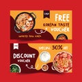 Korean food voucher design with ramyeon, rice, kimchi watercolor illustration