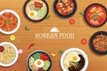 Korean food on a wooden table background. Vector illustration to