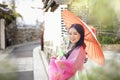 Korean girl wearing a hanbok wearing umbrella. The famous palaces in Seoul. Beautiful Female wearing traditional Korean hanbok in Royalty Free Stock Photo