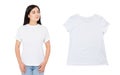 Korean girl white tshirt mock up, empty T-shirt close up, summer tshirt over white background