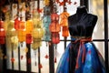 korean hanbok design detail with hanging lanterns in the background