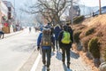 Korean hikers climbing the rock at the Bukhansan Mountain National park in Soeul, South Korea