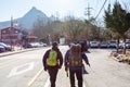 Korean hikers climbing the rock at the Bukhansan Mountain National park in Soeul, South Korea